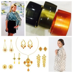 Orange earrings and thick bracelets.