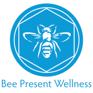 Bee Present Wellness logo, blue with a bee.